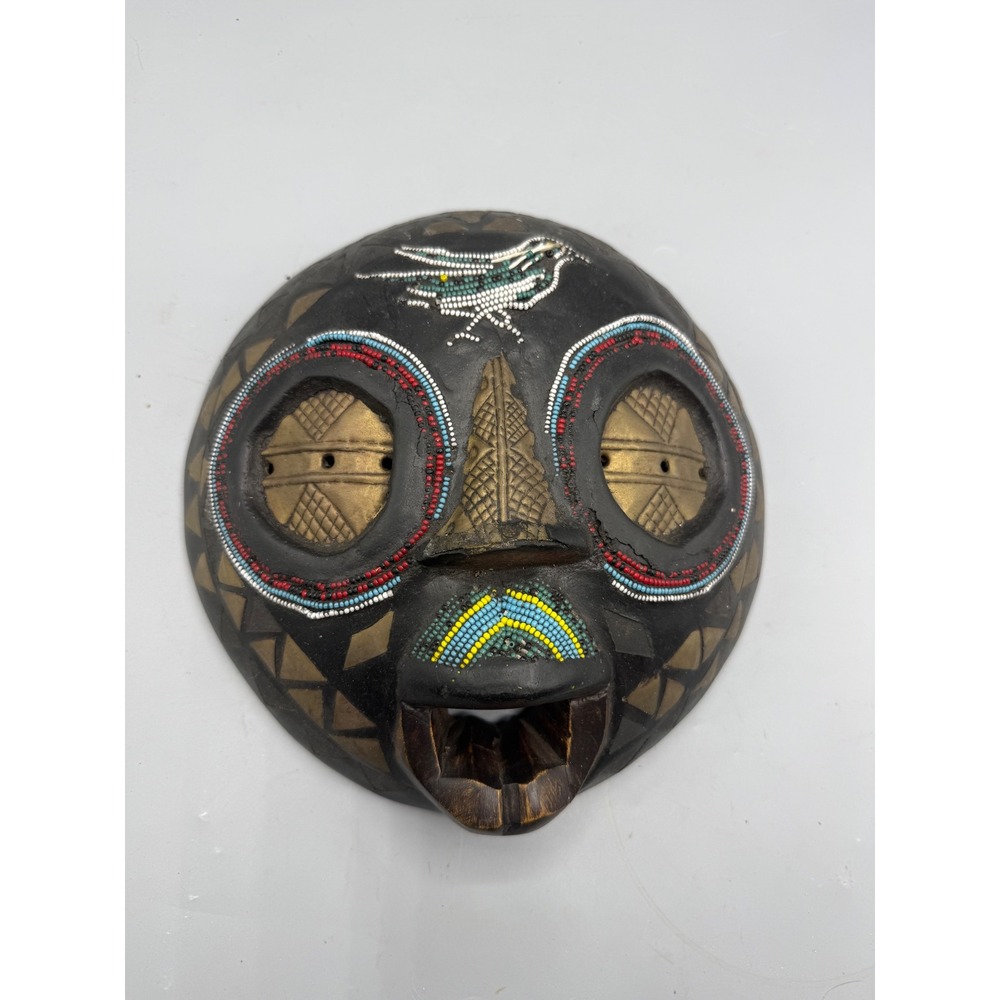 Hand Carved African Beaded Wood Mask Bird Motif Brass Metal Inlay Wall Art 9"